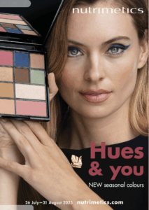 Nutrimetics brochure with lady on the front cover, demonstrating a makeup palette.